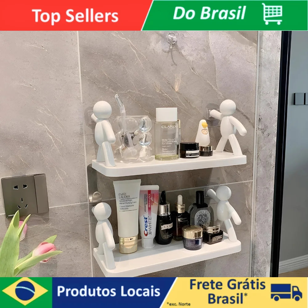 Prateleira Organizadora de Parede com Bonecos – Suporte Adesivo para Banheiro e Cozinha