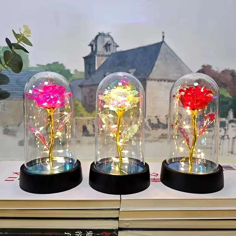 Rosa Encantada com Luz LED – Flor Eterna Decorativa em Cúpula de Acrílico
