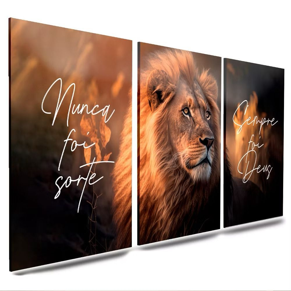 Quadro Leão de Judá 3 Peças Grande Decorativo Luxo Sala Quarto Fé Força Poder