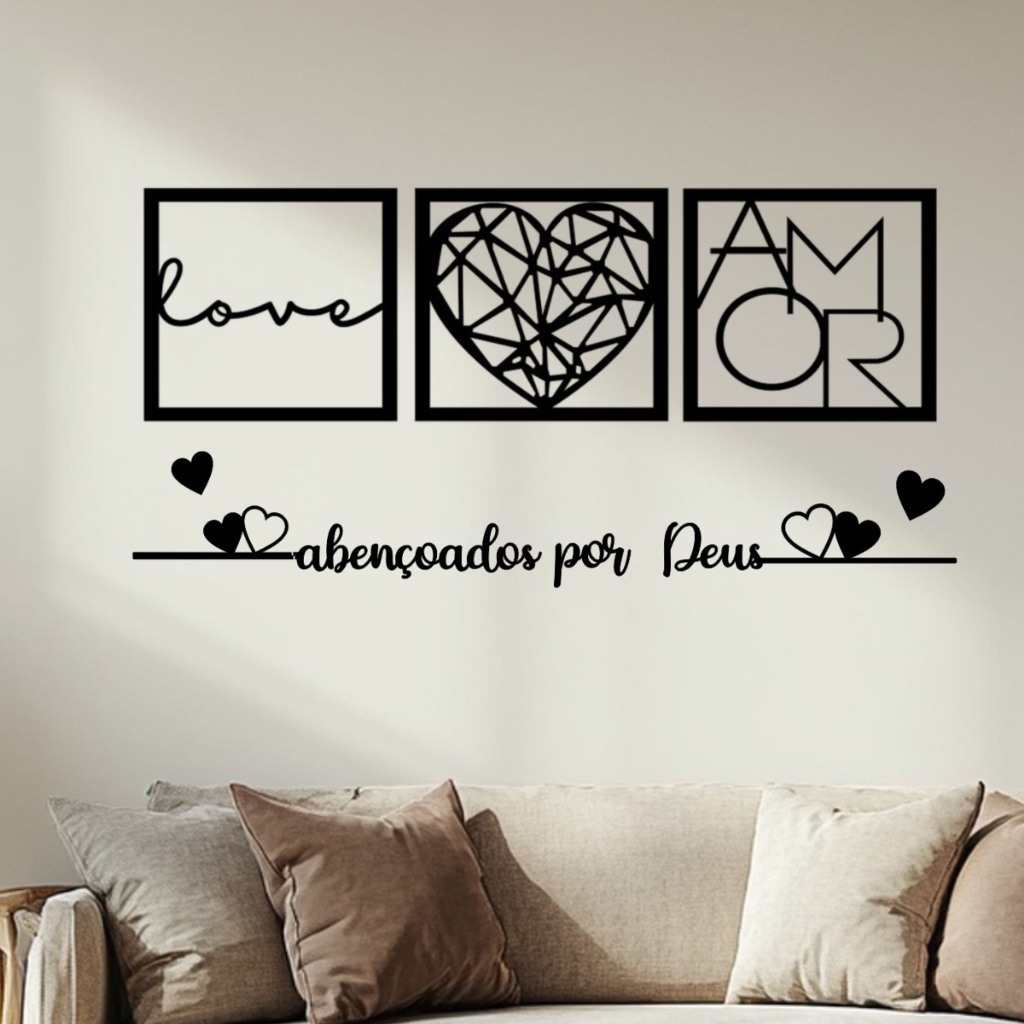 Kit 3 Quadros Cabeceira Amor Coração Geométrico + Frase Parede Abençoados Por Deus + 2 mini coração