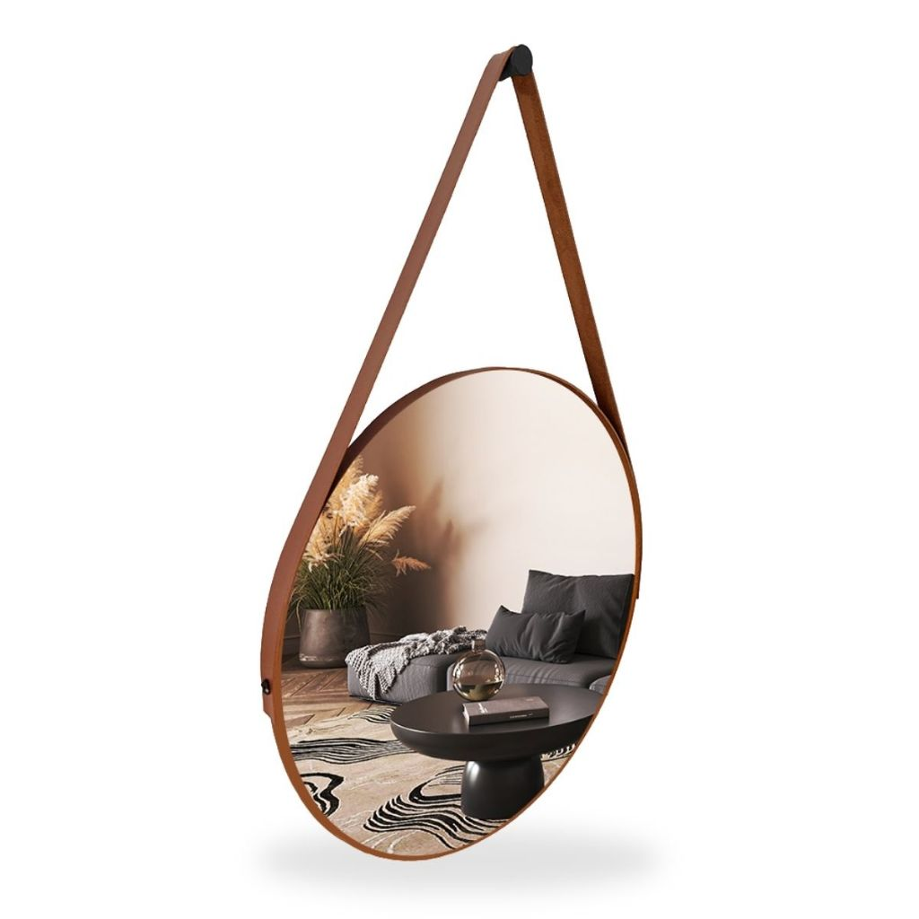 Espelho Redondo Decorativo com Alça em Couro – Estilo Moderno 30cm 40cm 50cm 60cm