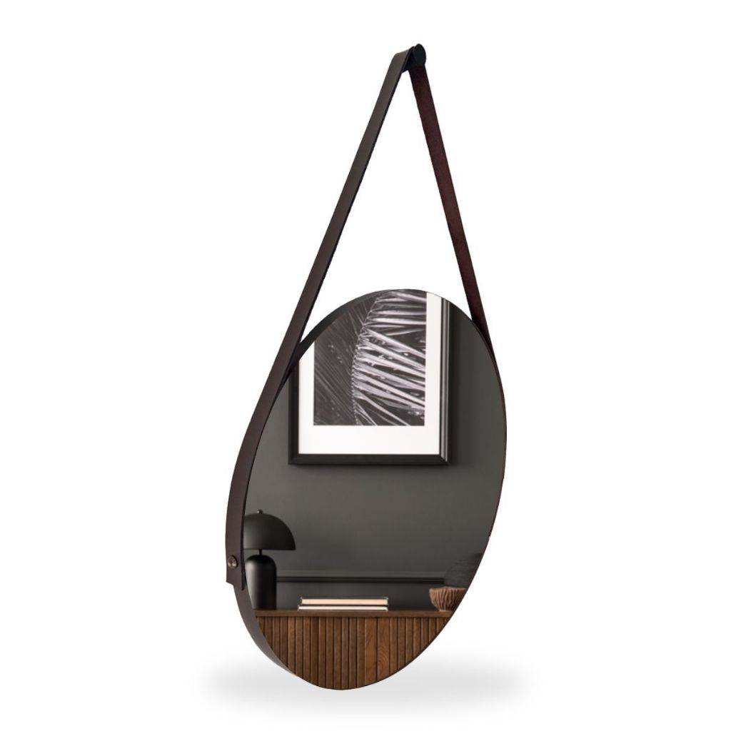 Espelho Redondo Decorativo com Alça em Couro – Estilo Moderno 30cm 40cm 50cm 60cm