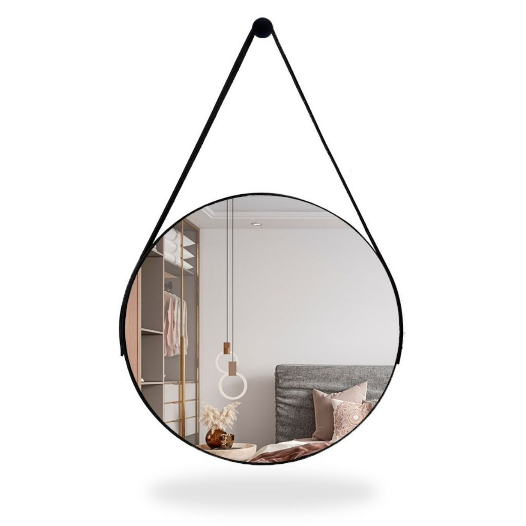 Espelho Redondo Decorativo com Alça em Couro – Estilo Moderno 30cm 40cm 50cm 60cm