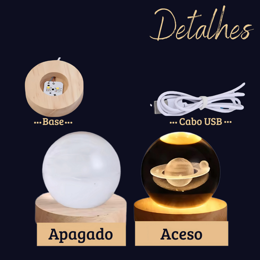 Luminária Led 3D Bola De Cristal Espaço Sideral Abajur Decorativo Diversos Modelos Enfeites Lua Leão