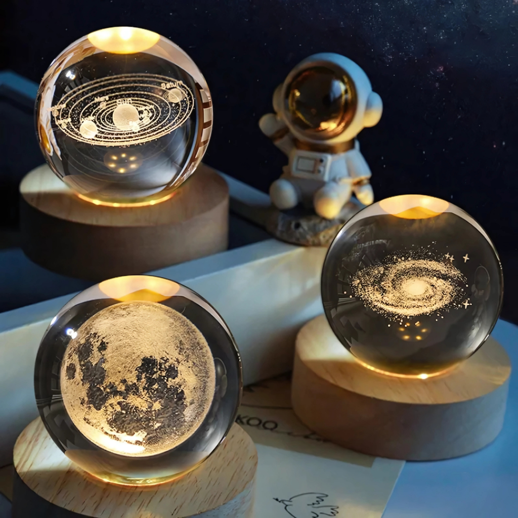 Luminária Led 3D Bola De Cristal Espaço Sideral Abajur Decorativo Diversos Modelos Enfeites Lua Leão