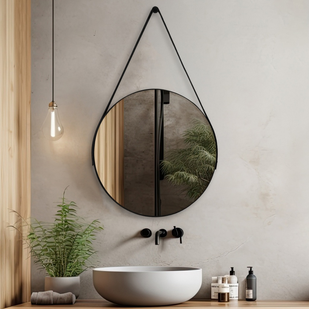 Espelho Adnet com Alça e Suporte Couro Redondo 60cm 50cm 40cm 30cm Sala Banheiro Quarto