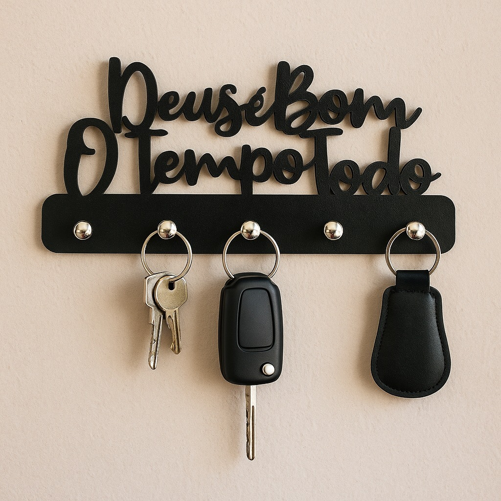 Porta-Chaves Decorativo “Deus é Bom o Tempo Todo” – Organização com Fé e Elegância (MDF Preto)