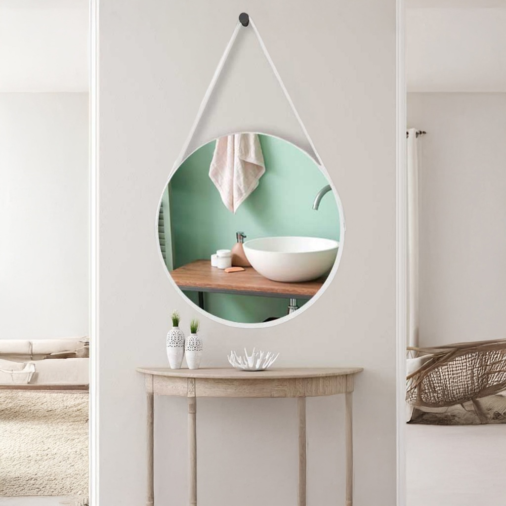Espelho Adnet com Alça e Suporte Couro Redondo 60cm 50cm 40cm 30cm Sala Banheiro Quarto