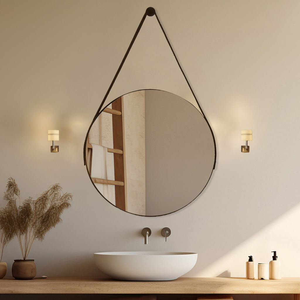 Espelho Adnet com Alça e Suporte Couro Redondo 60cm 50cm 40cm 30cm Sala Banheiro Quarto