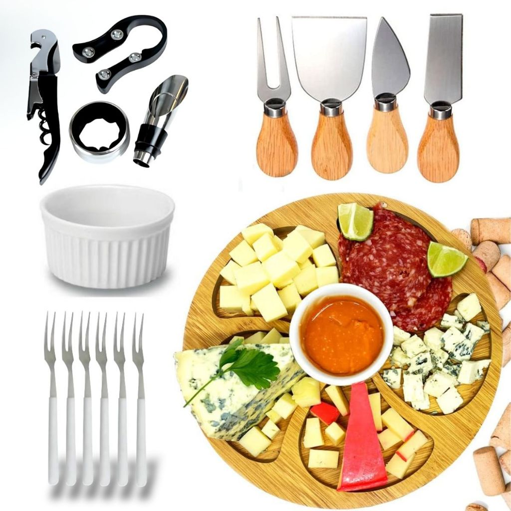 Kit Petisqueira Redonda MDF com 6 Garfos para Queijos e Frios + Molheira