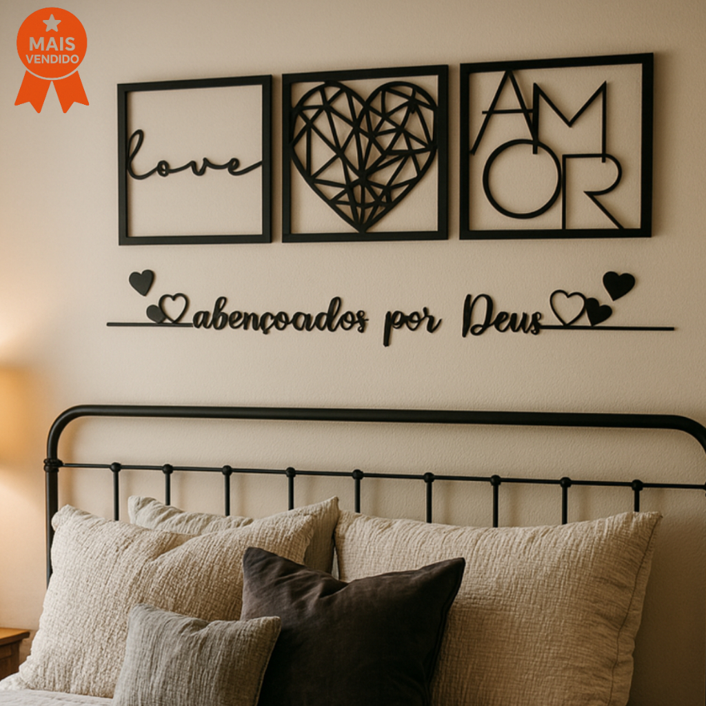 Kit 3 Quadros Cabeceira Amor Coração Geométrico + Frase Parede Abençoados Por Deus + 2 mini coração
