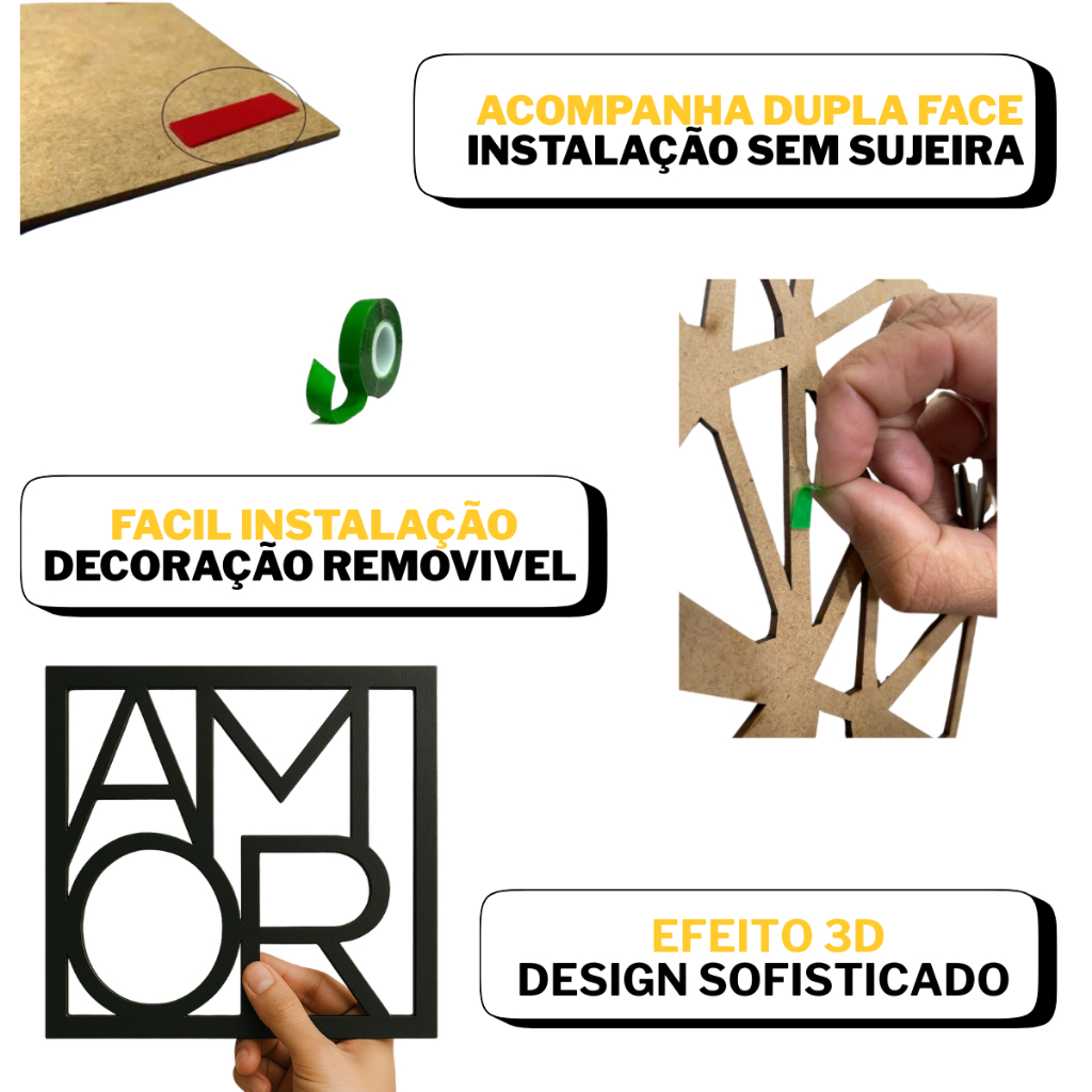 Kit 3 Quadros Cabeceira Amor Coração Geométrico + Frase Parede Abençoados Por Deus + 2 mini coração