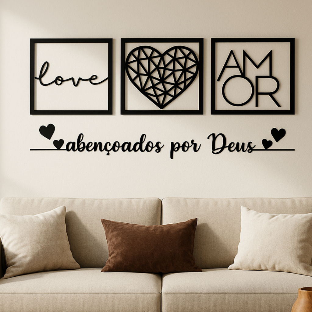 Kit 3 Quadros Cabeceira Amor Coração Geométrico + Frase Parede Abençoados Por Deus + 2 mini coração