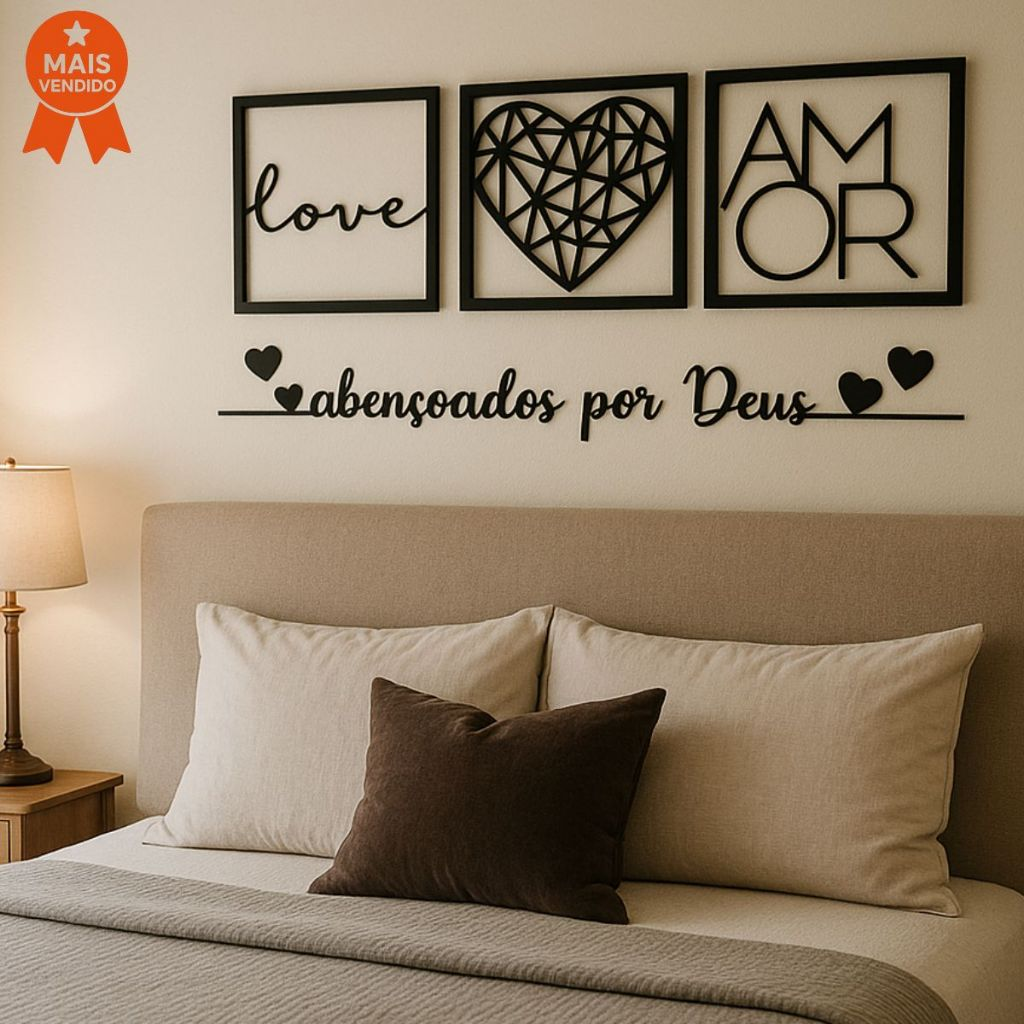 Kit 3 Quadros Decorativos Amor Coração Geométrico + Frase Cabeceira Quarto