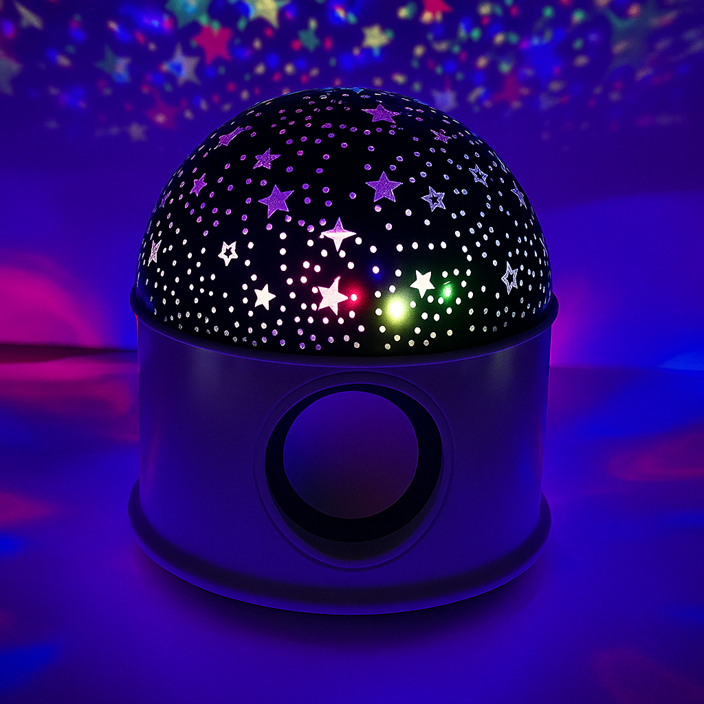 Luminária Projetor LED RGB Estrelas e Lua Giratória – Luz Noturna Colorida para Quarto e Festa