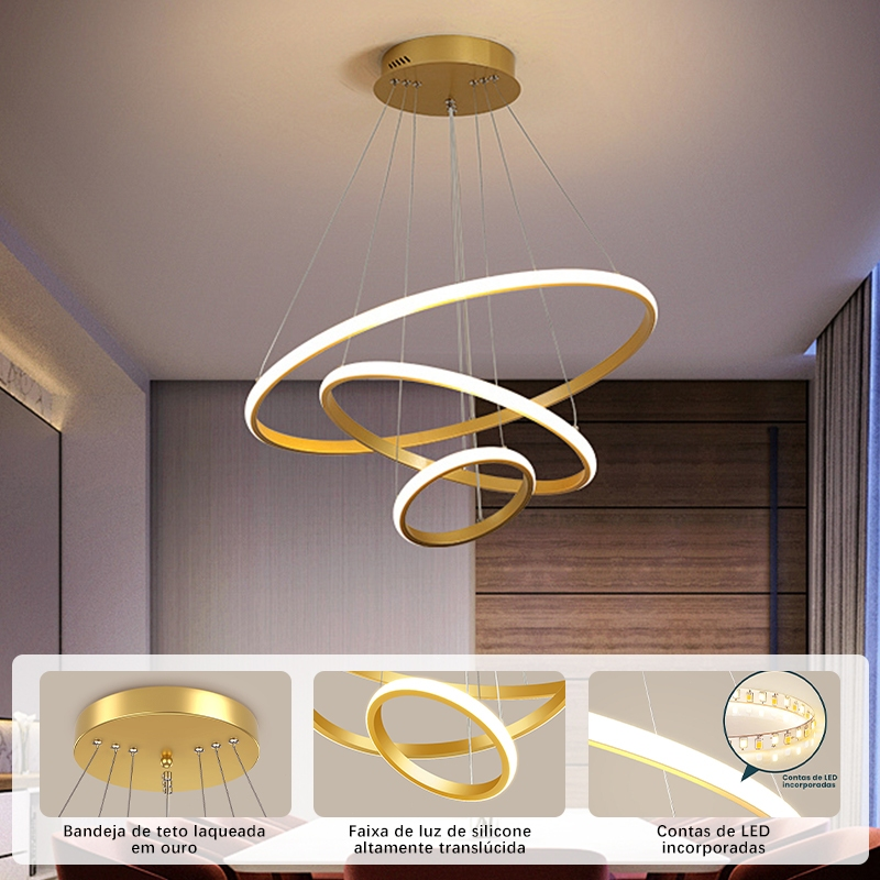 Lustre LED Moderno Nórdico 3 em 1 – Luminária de Teto Luxo com 3 Tons de Luz para Sala, Cozinha e Quarto