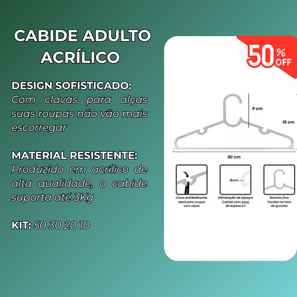 Cabide Acrílico Kit Cabides Para Roupas Transparente Adulto Reforçado Organizador