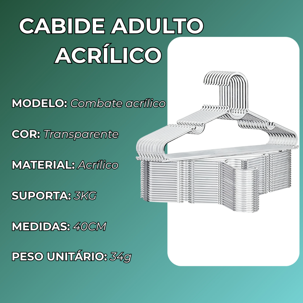 Cabide Acrílico Kit Cabides Para Roupas Transparente Adulto Reforçado Organizador