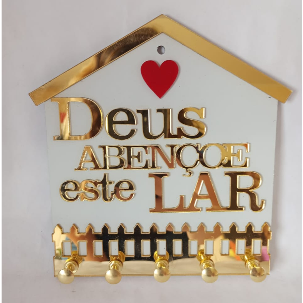Porta Chave Decorativo em ACM BRANCO/DOURADO Deus Abençoe Este Lar com 5 Ganchos e Fita Dupla Face