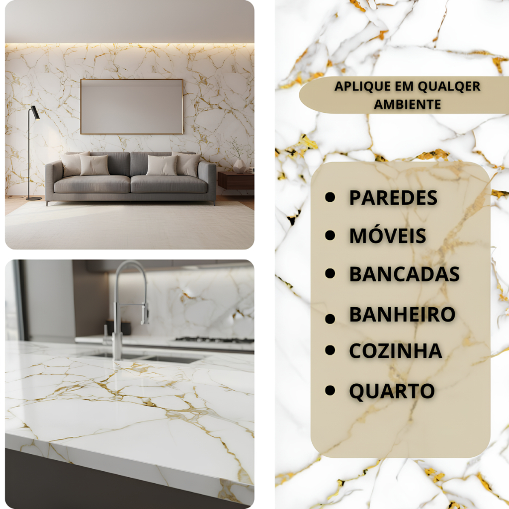 Papel Parede Marmorizado Dourado Premium 10 Metros Adesivo Autocolante Para Ambientes