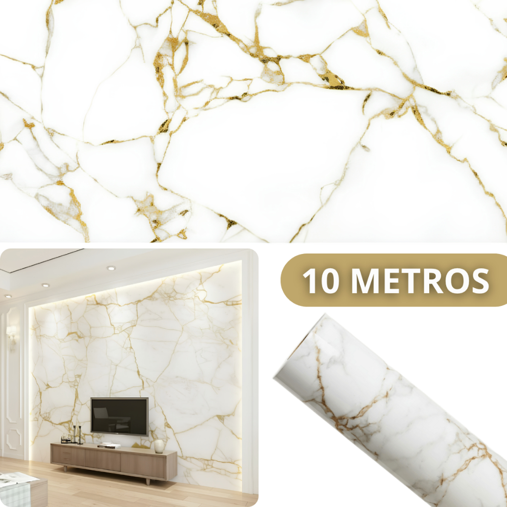 Papel Parede Marmorizado Dourado Premium 10 Metros Adesivo Autocolante Para Ambientes