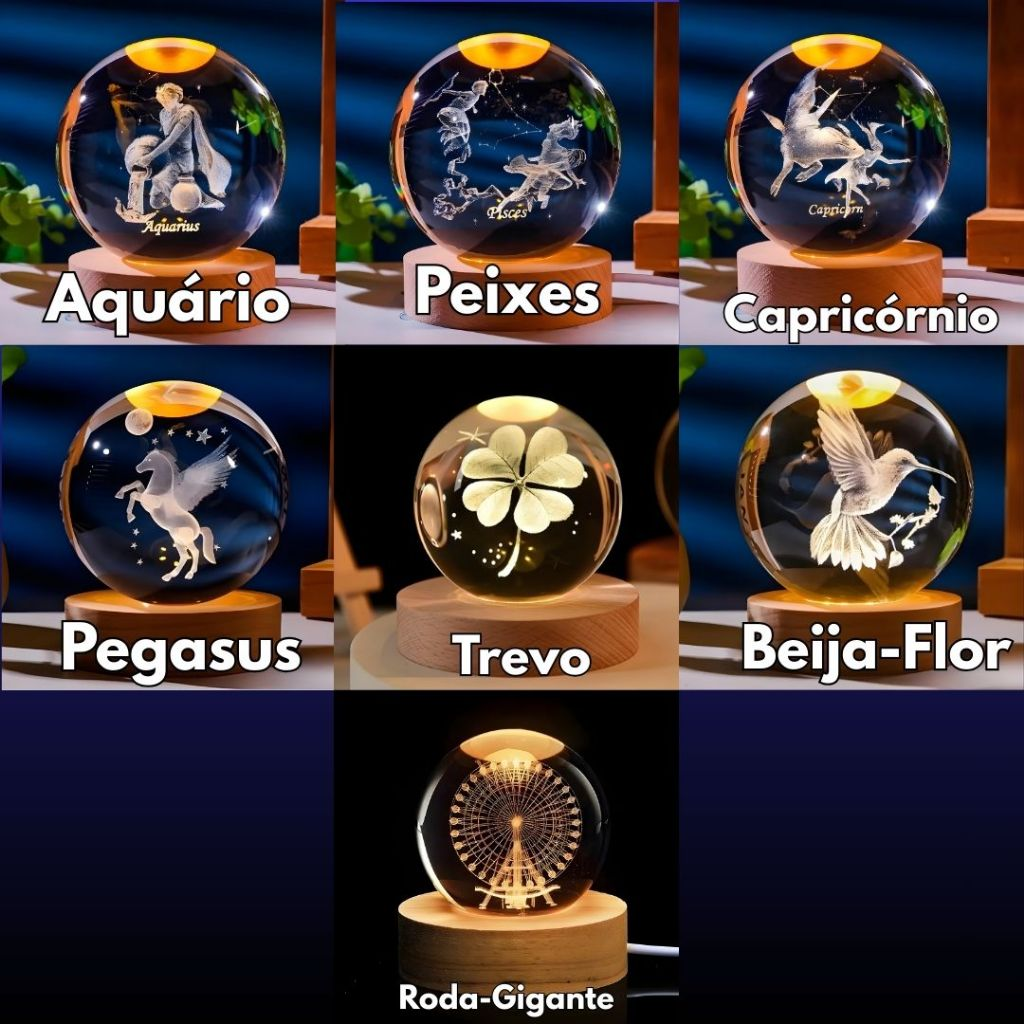 Luminária Led 3D Bola De Cristal Espaço Sideral Abajur Decorativo Diversos Modelos Enfeites Lua Leão