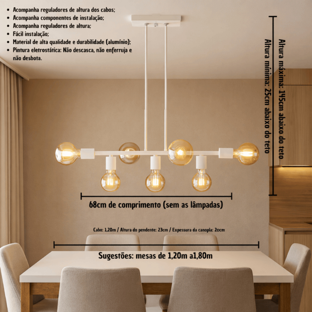 Lustre Pendente Industrial 7 Lâmpadas 68cm Metal Moderno Decorativo Bivolt