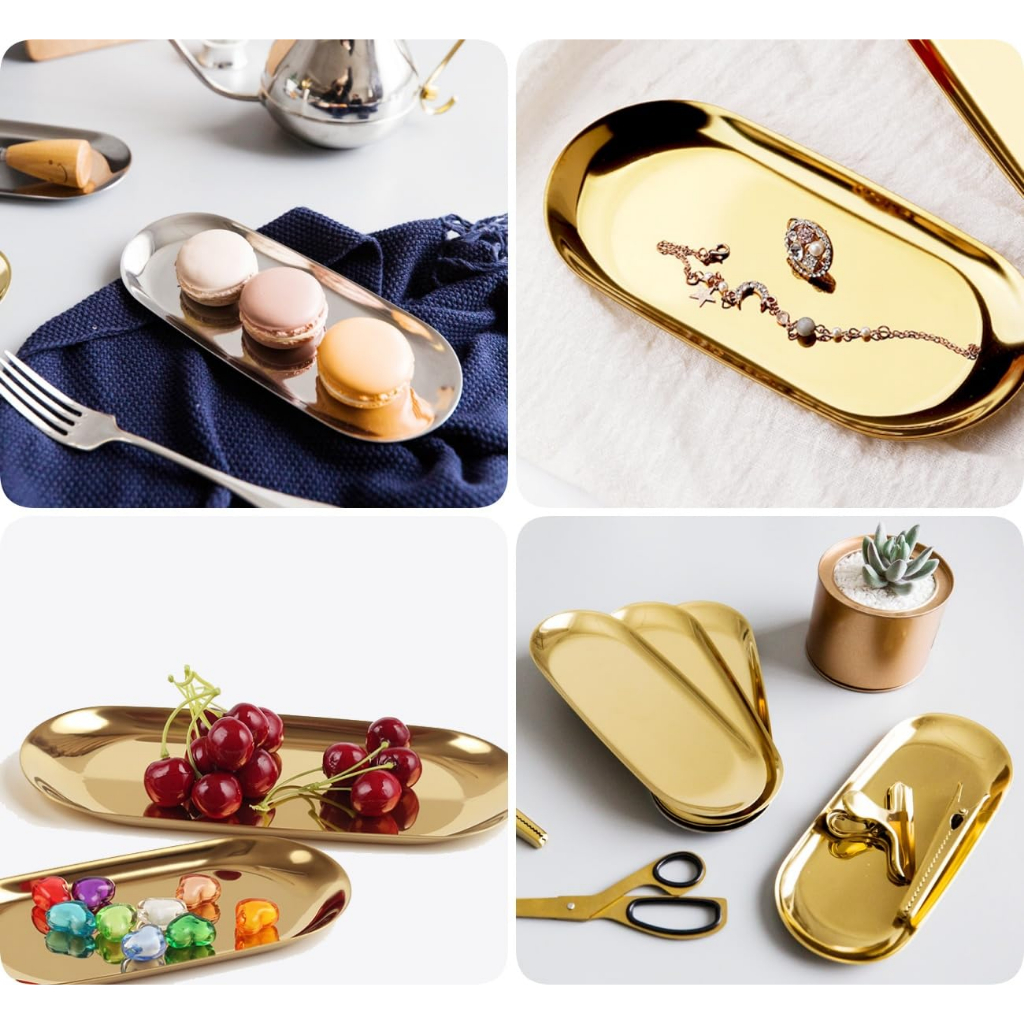 Bandeja Aco Inoxidavel Luxo Decorativa para Jóias Alimentos Dourado