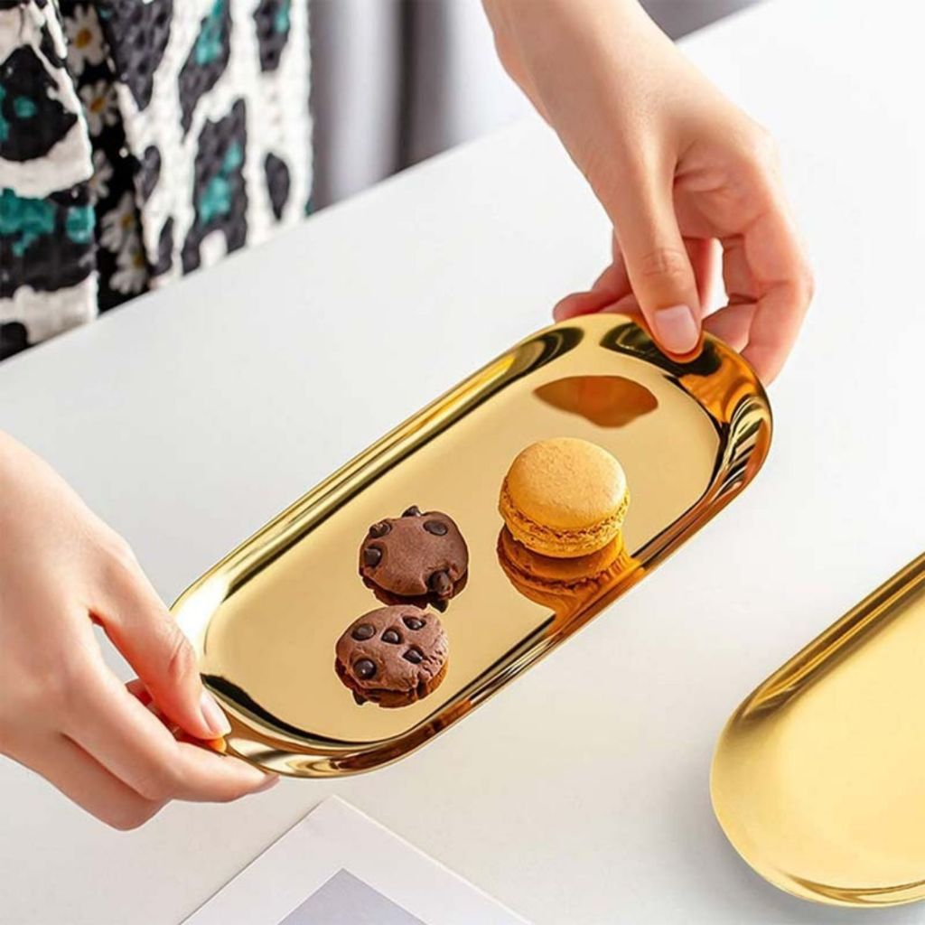 Bandeja Aco Inoxidavel Luxo Decorativa para Jóias Alimentos Dourado