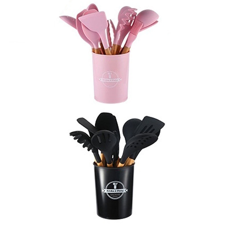 Jogo de Cozinha Kit C/12 Peças de Silicone, Utensílios e Copo Suporte para Cozinha Cabo de Madeira