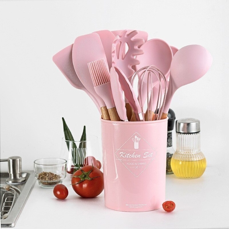 Jogo de Cozinha Kit C/12 Peças de Silicone, Utensílios e Copo Suporte para Cozinha Cabo de Madeira