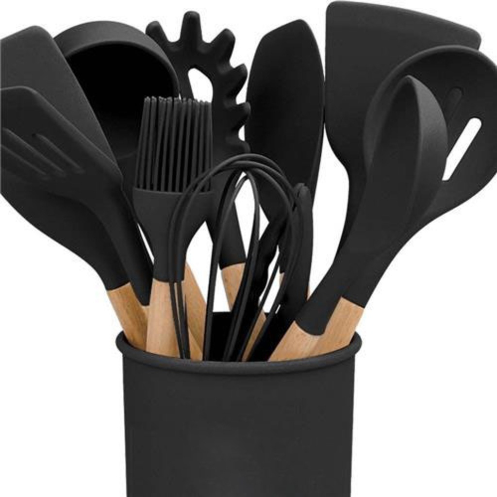 Kit Utensílios de Cozinha Silicone 12 Peças com Suporte Cabo Madeira Antiaderente