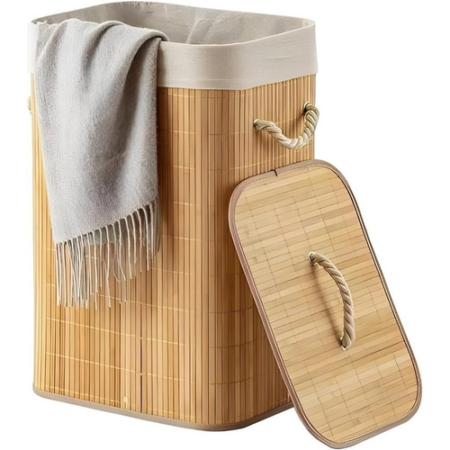Cesto Roupa Bambu Retangular Redondo Com Tampa Cesto Oraganizador Roupa Suja Alças Banheiro Bege