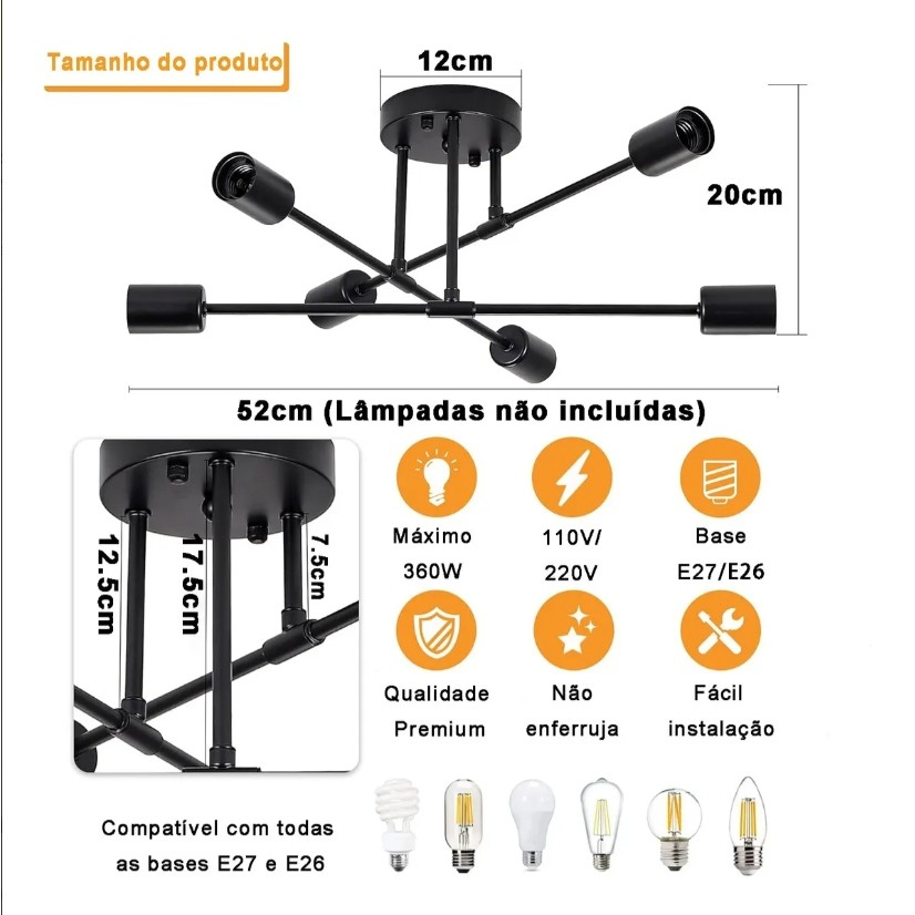 Pendente Lustre Sputnik Prêmio 6 Lampadas para sala de jantar home office quarto cozinha e comercio
