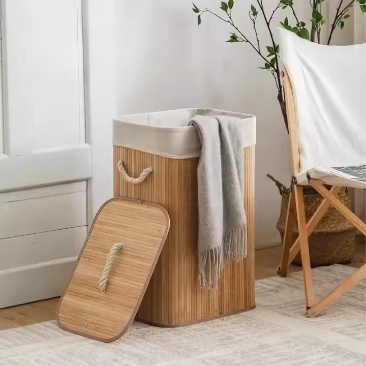 Cesto Roupa Bambu Retangular Redondo Com Tampa Cesto Oraganizador Roupa Suja Alças Banheiro Bege