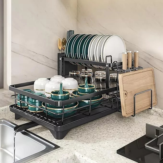 Escorredor de Louça Preto Aço Carbono Organizador Cozinha Porta Pratos Copos Talheres