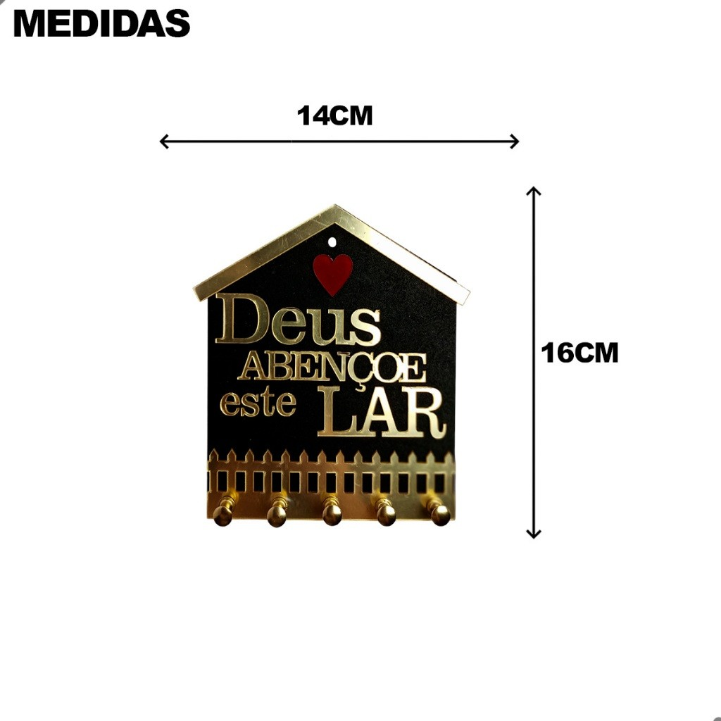Porta Chave Decorativo em ACM BRANCO/DOURADO Deus Abençoe Este Lar com 5 Ganchos e Fita Dupla Face