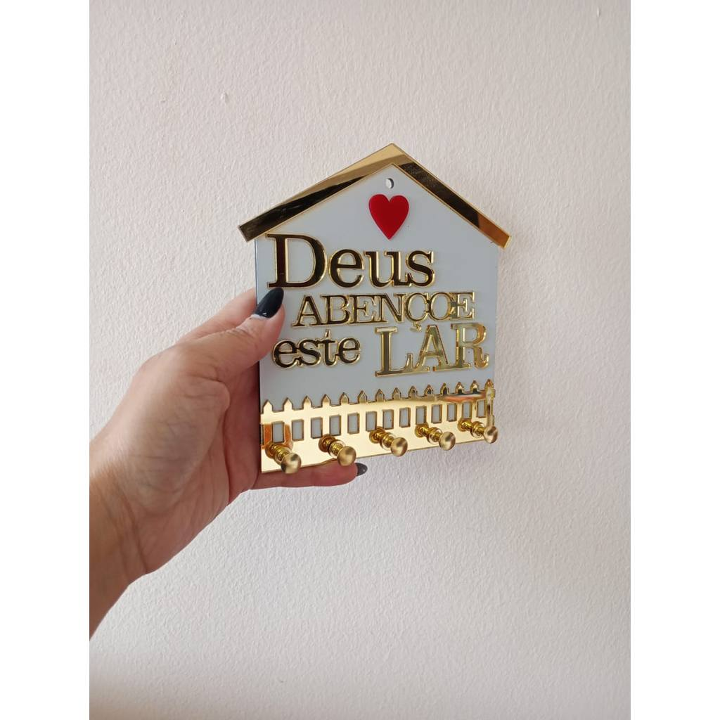 Porta Chave Decorativo em ACM BRANCO/DOURADO Deus Abençoe Este Lar com 5 Ganchos e Fita Dupla Face