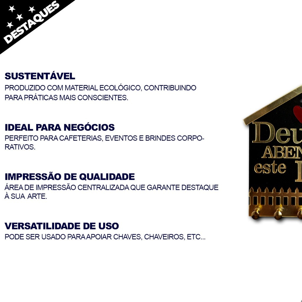 Porta Chave Decorativo em ACM BRANCO/DOURADO Deus Abençoe Este Lar com 5 Ganchos e Fita Dupla Face