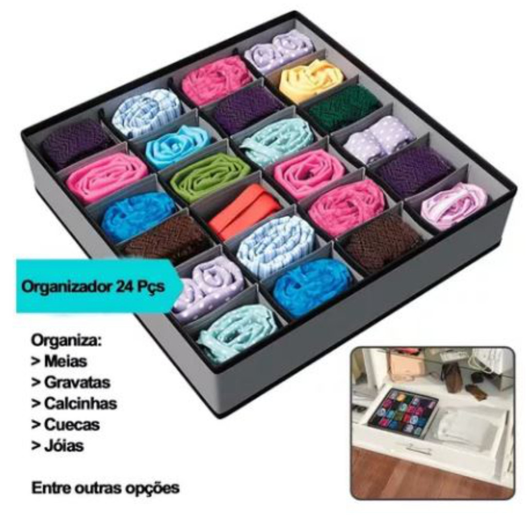 Organizador Dobrável 24 Compartimentos para Roupas Meias Cuecas Calcinhas Lingerie Armários Gavetas