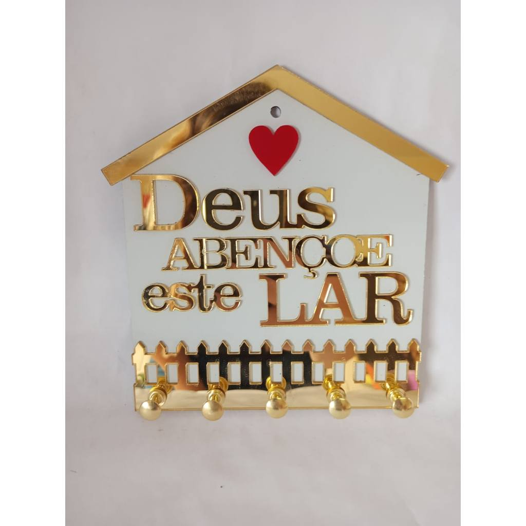 Porta Chave Decorativo em ACM BRANCO/DOURADO Deus Abençoe Este Lar com 5 Ganchos e Fita Dupla Face