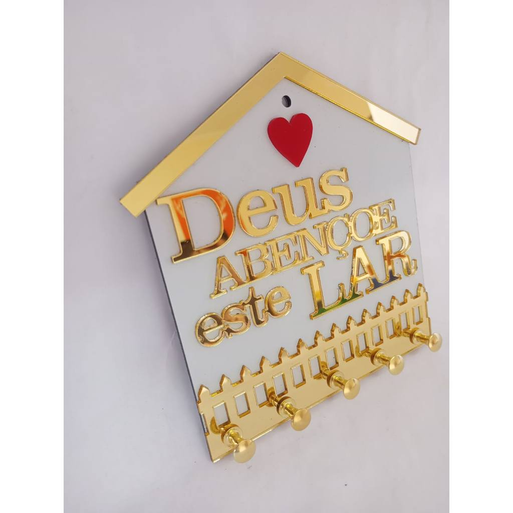 Porta Chave Decorativo em ACM BRANCO/DOURADO Deus Abençoe Este Lar com 5 Ganchos e Fita Dupla Face