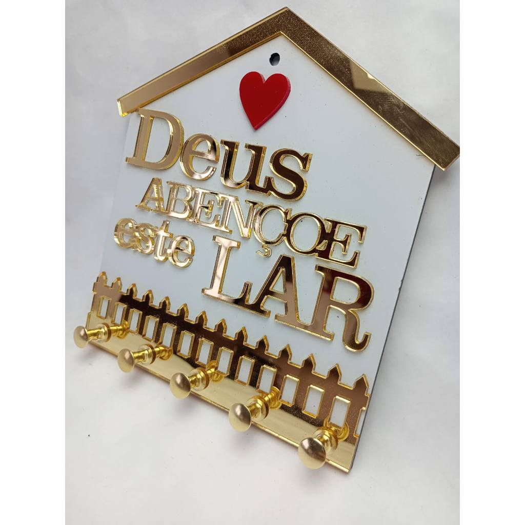 Porta Chave Decorativo em ACM BRANCO/DOURADO Deus Abençoe Este Lar com 5 Ganchos e Fita Dupla Face